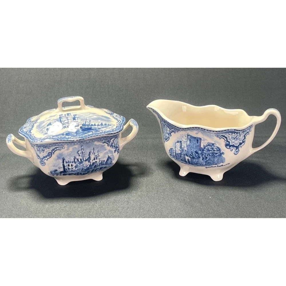 Johnson Brothers Old Britain Castles Blue England Sugar Bowl Creamer Set Vintage